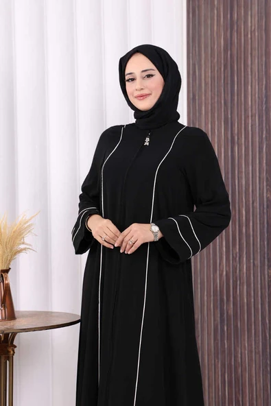 Çizgi Detaylı Boydan Fermuarlı Tam Boy Ferace 6011 Siyah - Resim 5