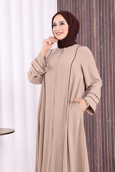 Çizgi Detaylı Boydan Fermuarlı Tam Boy Ferace 6011 Vizon - Resim 5