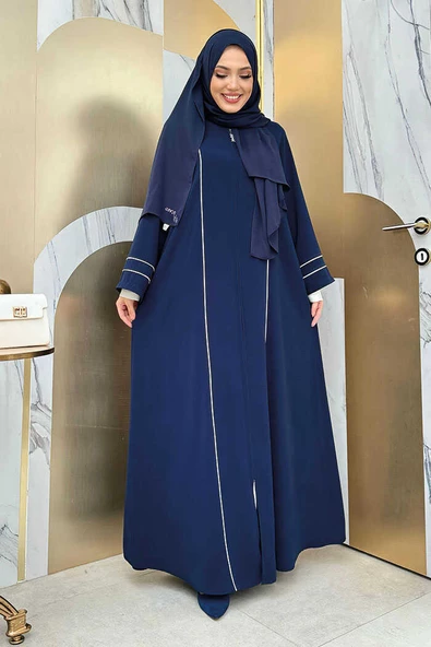 Çizgi Detaylı Boydan Fermuarlı Tam Boy Ferace 6011 Lacivert