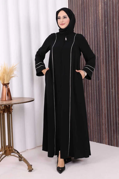 Çizgi Detaylı Boydan Fermuarlı Tam Boy Ferace 6011 Siyah ürün görseli