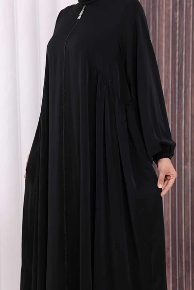 Oval Büzgülü Kol Manşetleri Lastikli Fermuarlı Tam Boy Ferace 6005 Siyah - Resim 7