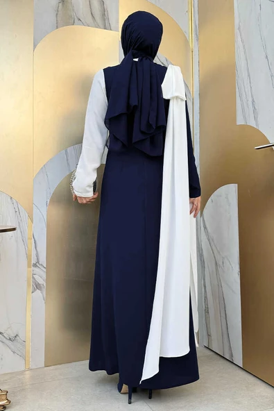 Tek Omuz Fiyonk Apoletli Çift Renk Elbise 3862 Lacivert - 6