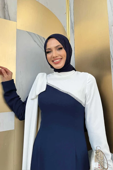 Tek Omuz Fiyonk Apoletli Çift Renk Elbise 3862 Lacivert - 8