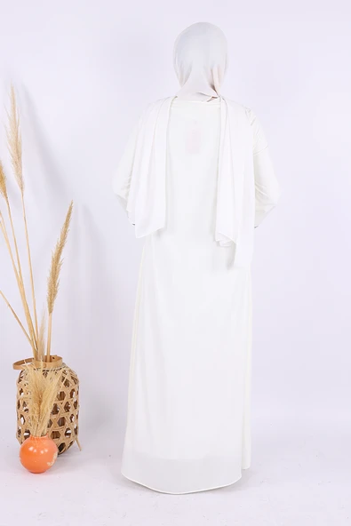 Çizgi Detaylı Boydan Fermuarlı Tam Boy Ferace 6011 Ekru - Resim 4