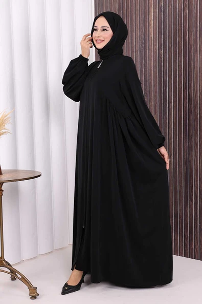 Oval Büzgülü Kol Manşetleri Lastikli Fermuarlı Tam Boy Ferace 6005 Siyah - Resim 4