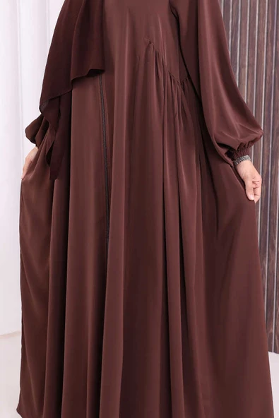 Oval Büzgülü Kol Manşetleri Lastikli Fermuarlı Tam Boy Ferace 6005 Kahverengi - Resim 6