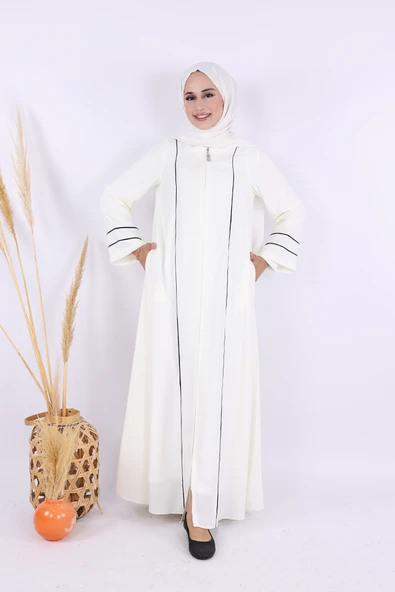 Çizgi Detaylı Boydan Fermuarlı Tam Boy Ferace 6011 Ekru - Resim 3