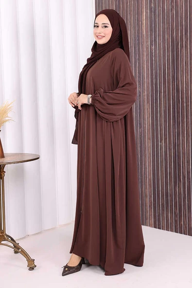 Oval Büzgülü Kol Manşetleri Lastikli Fermuarlı Tam Boy Ferace 6005 Kahverengi - Resim 3