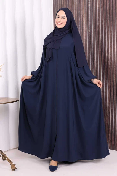 Oval Büzgülü Kol Manşetleri Lastikli Fermuarlı Tam Boy Ferace 6005 Lacivert ürün görseli