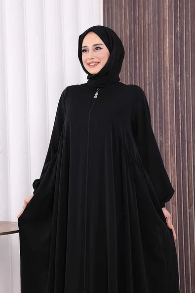 Oval Büzgülü Kol Manşetleri Lastikli Fermuarlı Tam Boy Ferace 6005 Siyah - Resim 6