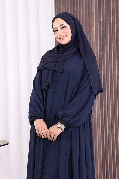 Oval Büzgülü Kol Manşetleri Lastikli Fermuarlı Tam Boy Ferace 6005 Lacivert - Resim 5