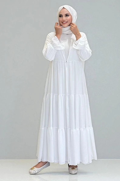 Kol Lastikli Kat Görünümlü Abayalı Elbise Takım 3859 Ekru - 2