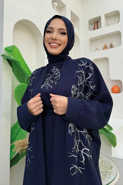 İşleme Detaylı Abaya ve Elbise Takım 8486 Lacivert - 8