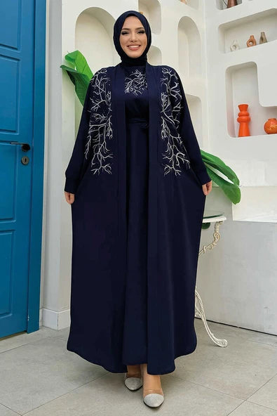 İşleme Detaylı Abaya ve Elbise Takım 8486 Lacivert - 5