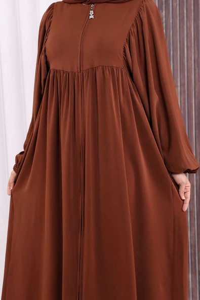 Kol Büzgü Detay Fermuarlı Salaş Ferace 6006 Kahverengi - Resim 6