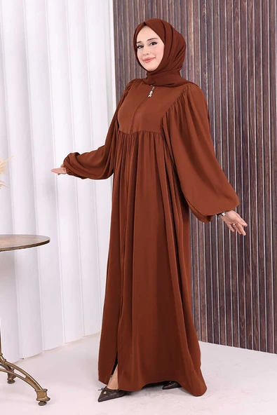 Kol Büzgü Detay Fermuarlı Salaş Ferace 6006 Kahverengi - Resim 3