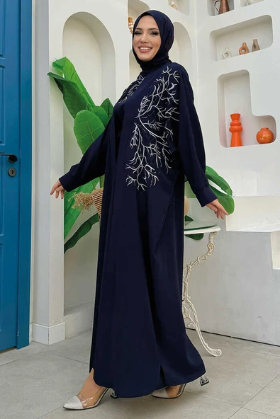 İşleme Detaylı Abaya ve Elbise Takım 8486 Lacivert - 7