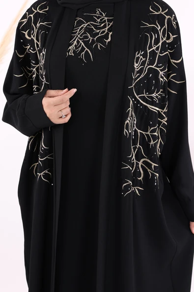 İşleme Detaylı Abaya ve Elbise Takım 8486 Siyah - Resim 4