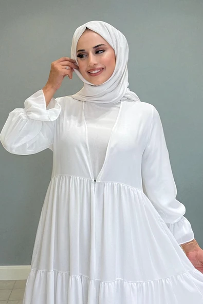 Kol Lastikli Kat Görünümlü Abayalı Elbise Takım 3859 Ekru - 3
