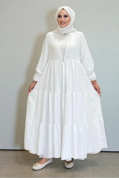 Kol Lastikli Kat Görünümlü Abayalı Elbise Takım 3859 Ekru