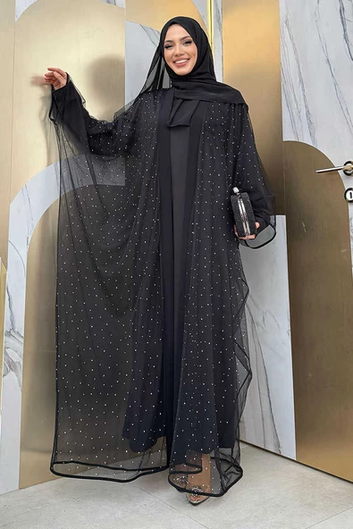 Taş Detaylı Yarasakol Tül Abaya 7881 Siyah