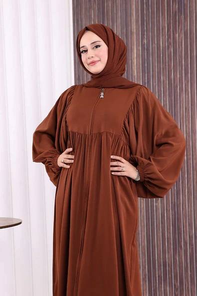 Kol Büzgü Detay Fermuarlı Salaş Ferace 6006 Kahverengi - Resim 5