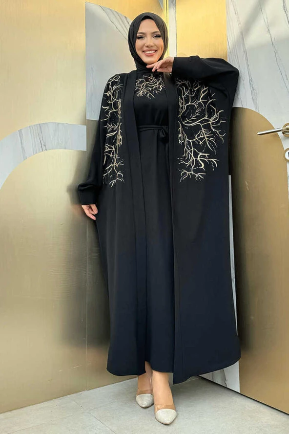 İşleme Detaylı Abaya ve Elbise Takım 8486 Siyah