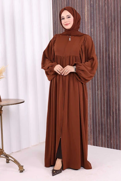 Kol Büzgü Detay Fermuarlı Salaş Ferace 6006 Kahverengi - Resim 2