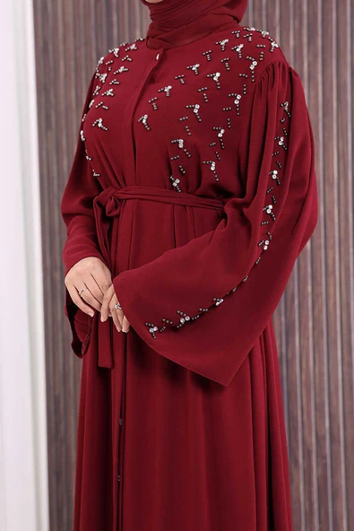 Taşlı Boncuklu İşleme Detaylı Ferace 7882 Bordo - Resim 6