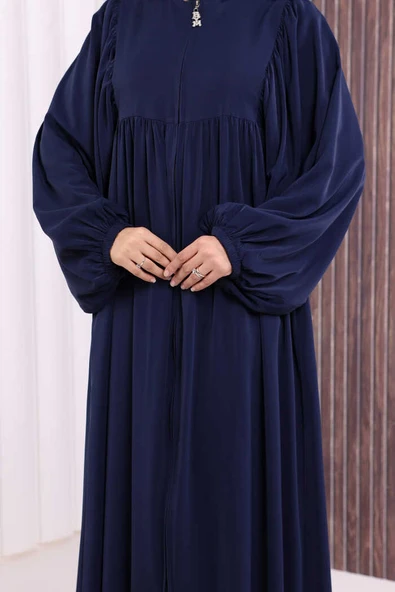 Kol Büzgü Detay Fermuarlı Salaş Ferace 6006 Lacivert - Resim 6