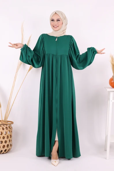 Kol Büzgü Detay Fermuarlı Salaş Ferace 6006 Zümrüt - Resim 2