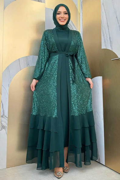 Pulpayet İşlemeli Abaya ve Elbise Takım 8483 Zümrüt - 5