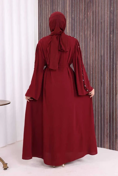 Taşlı Boncuklu İşleme Detaylı Ferace 7882 Bordo - Resim 4