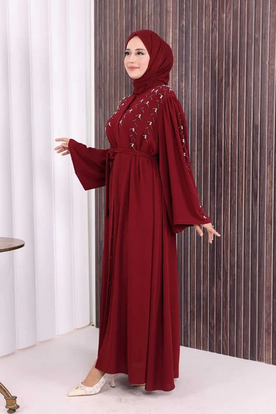 Taşlı Boncuklu İşleme Detaylı Ferace 7882 Bordo - Resim 3