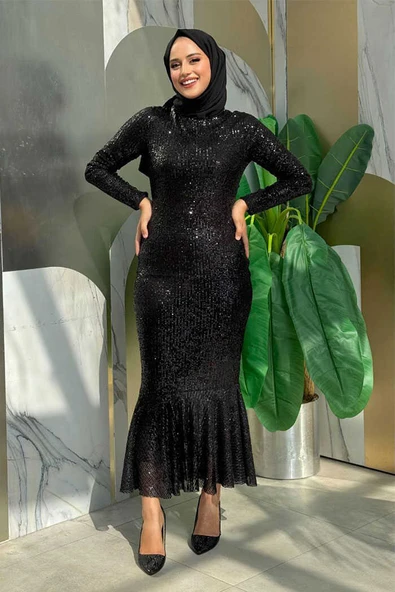 Pul Payet İşlemeli Balık Abiye Elbise 3872 Siyah - Resim 3