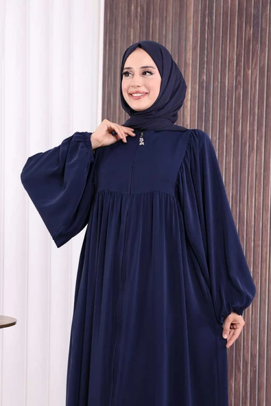 Kol Büzgü Detay Fermuarlı Salaş Ferace 6006 Lacivert - Resim 5