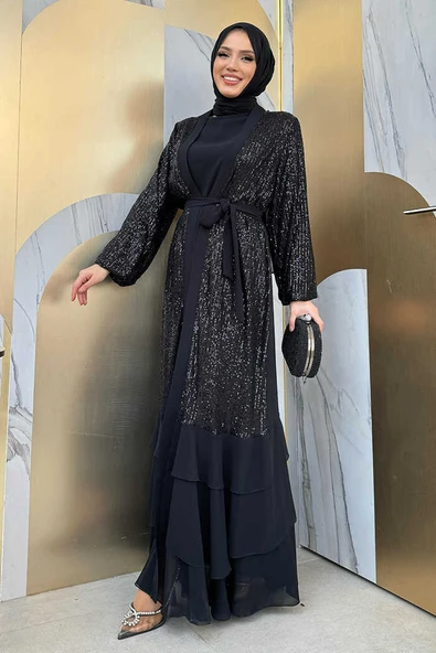 Pulpayet İşlemeli Abaya ve Elbise Takım 8483 Siyah - 7