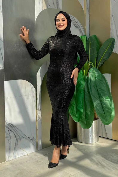 Pul Payet İşlemeli Balık Abiye Elbise 3872 Siyah - Resim 2