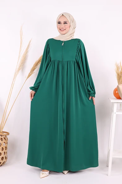 Kol Büzgü Detay Fermuarlı Salaş Ferace 6006 Zümrüt ürün görseli