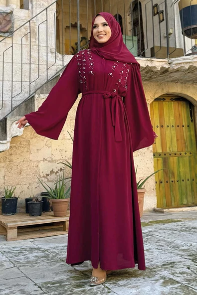 Taşlı Boncuklu İşleme Detaylı Ferace 7882 Bordo