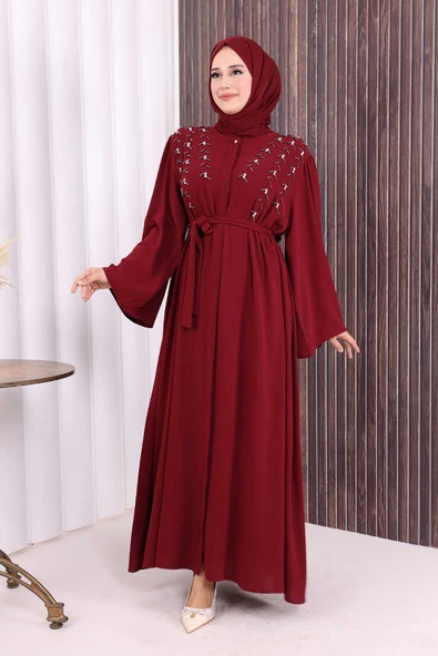 Taşlı Boncuklu İşleme Detaylı Ferace 7882 Bordo - Resim 2