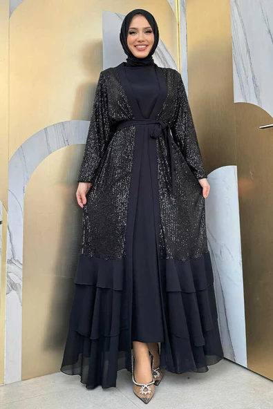 Pulpayet İşlemeli Abaya ve Elbise Takım 8483 Siyah - 5