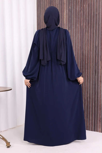 Kol Büzgü Detay Fermuarlı Salaş Ferace 6006 Lacivert - Resim 4