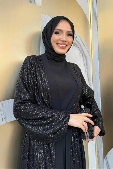 Pulpayet İşlemeli Abaya ve Elbise Takım 8483 Siyah - 8