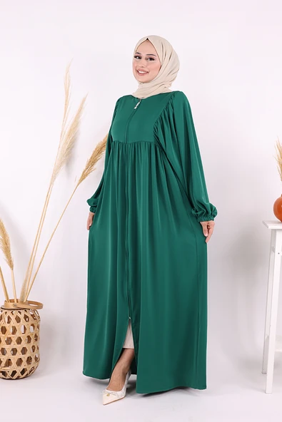 Kol Büzgü Detay Fermuarlı Salaş Ferace 6006 Zümrüt - Resim 3