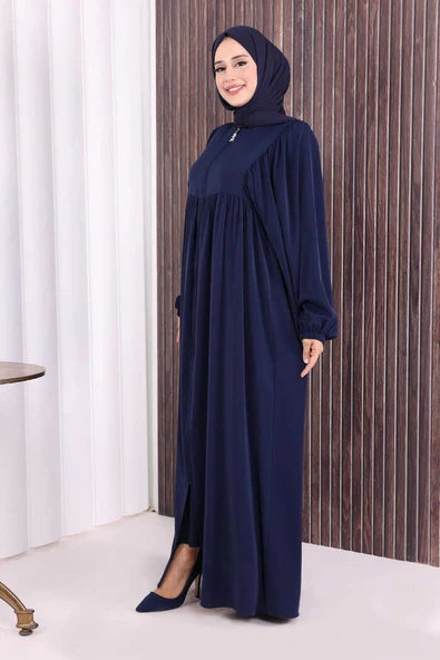 Kol Büzgü Detay Fermuarlı Salaş Ferace 6006 Lacivert - Resim 3