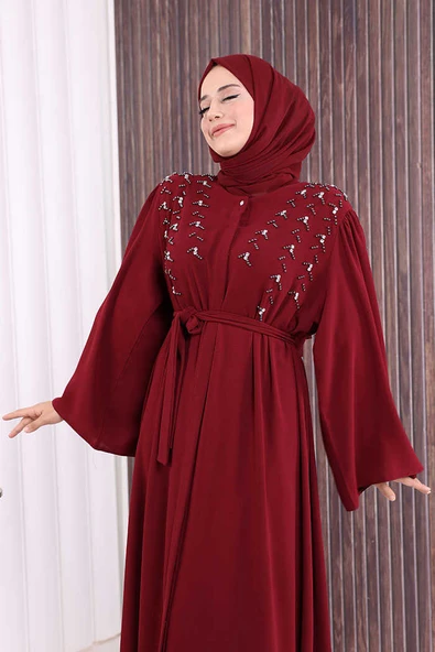 Taşlı Boncuklu İşleme Detaylı Ferace 7882 Bordo - Resim 5