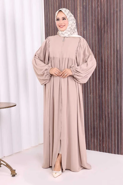 Kol Büzgü Detay Fermuarlı Salaş Ferace 6006 Vizon - Resim 2