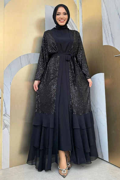 Pulpayet İşlemeli Abaya ve Elbise Takım 8483 Siyah