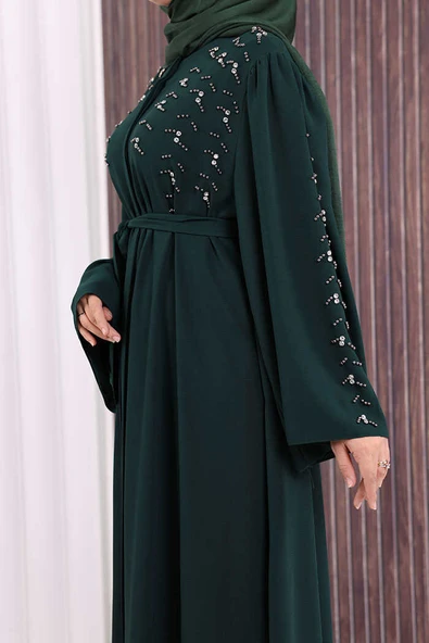 Taşlı Boncuklu İşleme Detaylı Ferace 7882 Zümrüt - Resim 6